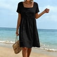 thumbnail image 3 of Josdec Women's Square Neck Short Sleeve Babydoll Midi Dresses Eyelet Hollow Hem Solid Color 100% Cotton Casual Dress for Daily Wear in Spring Summer S-3XL, 3 of 7