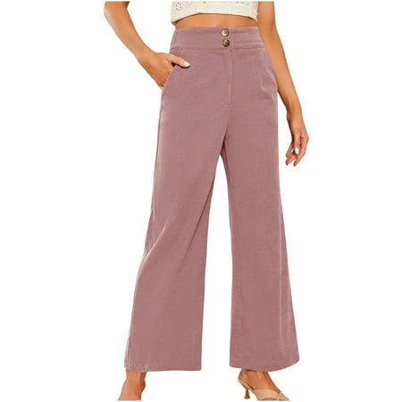FNFYFH Corduroy Wide Leg Pants Woman High Waisted Business Work Pants Casual Loose Fit Fall Trousers with Pockets