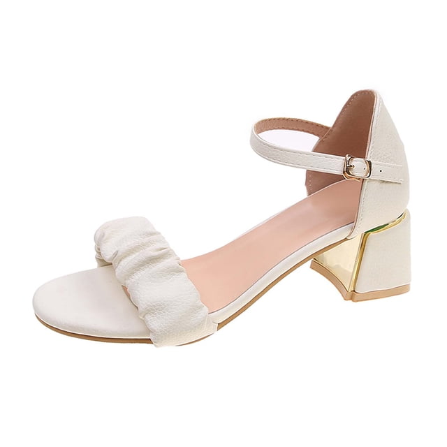 Womens Heeled Sandals Mid Block Chunky Heels Open Toe Adjustable Ankle Strap Wrinkle Strap Solid Color Non Slip Summer Party Dress Pumps Shoes Beige