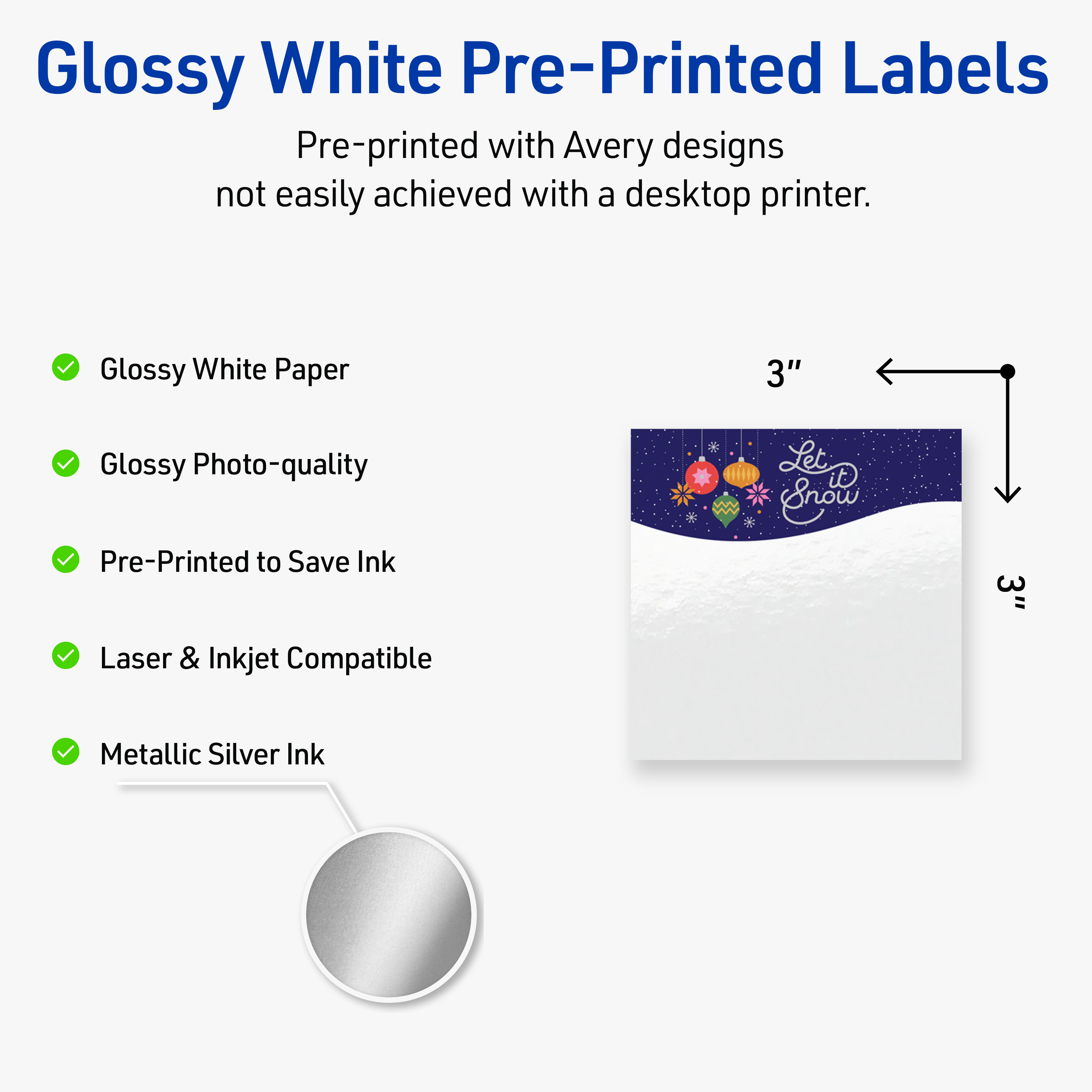 Avery Labels, 3" x 3", Silver-Snowflakes, Glossy, 60ct