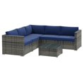 thumbnail image 1 of Ensemble de Conversation en Rotin Osier d'Extérieur de 4 Pcs avec Sofa d'Angle, 2 Causeuses, Table Basse et 11 Coussins Bleu Marine, Mobilier en Rotin PE Résistant aux Intempéries pour Patio, Jardin, Cour, 1 of 7