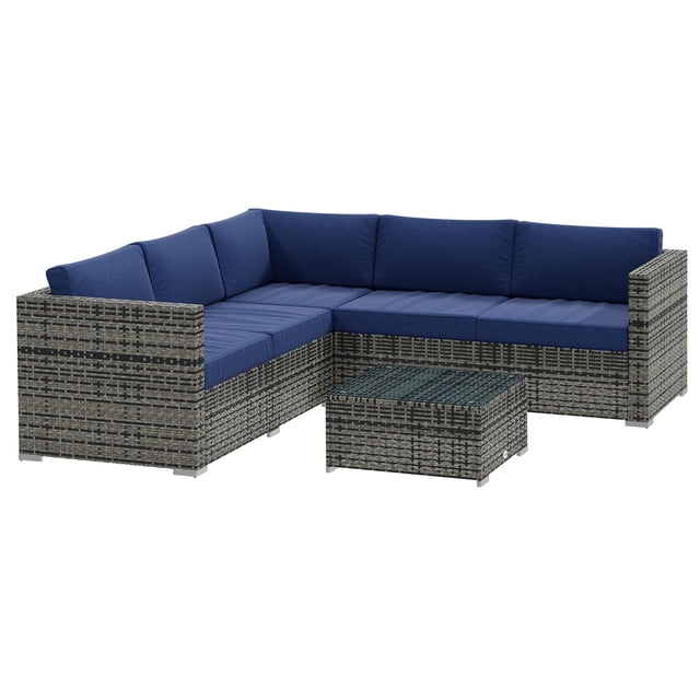 Ensemble de Conversation en Rotin Osier d'Extérieur de 4 Pcs avec Sofa d'Angle, 2 Causeuses, Table Basse et 11 Coussins Bleu Marine, Mobilier en Rotin PE Résistant aux Intempéries pour Patio, Jardin, Cour