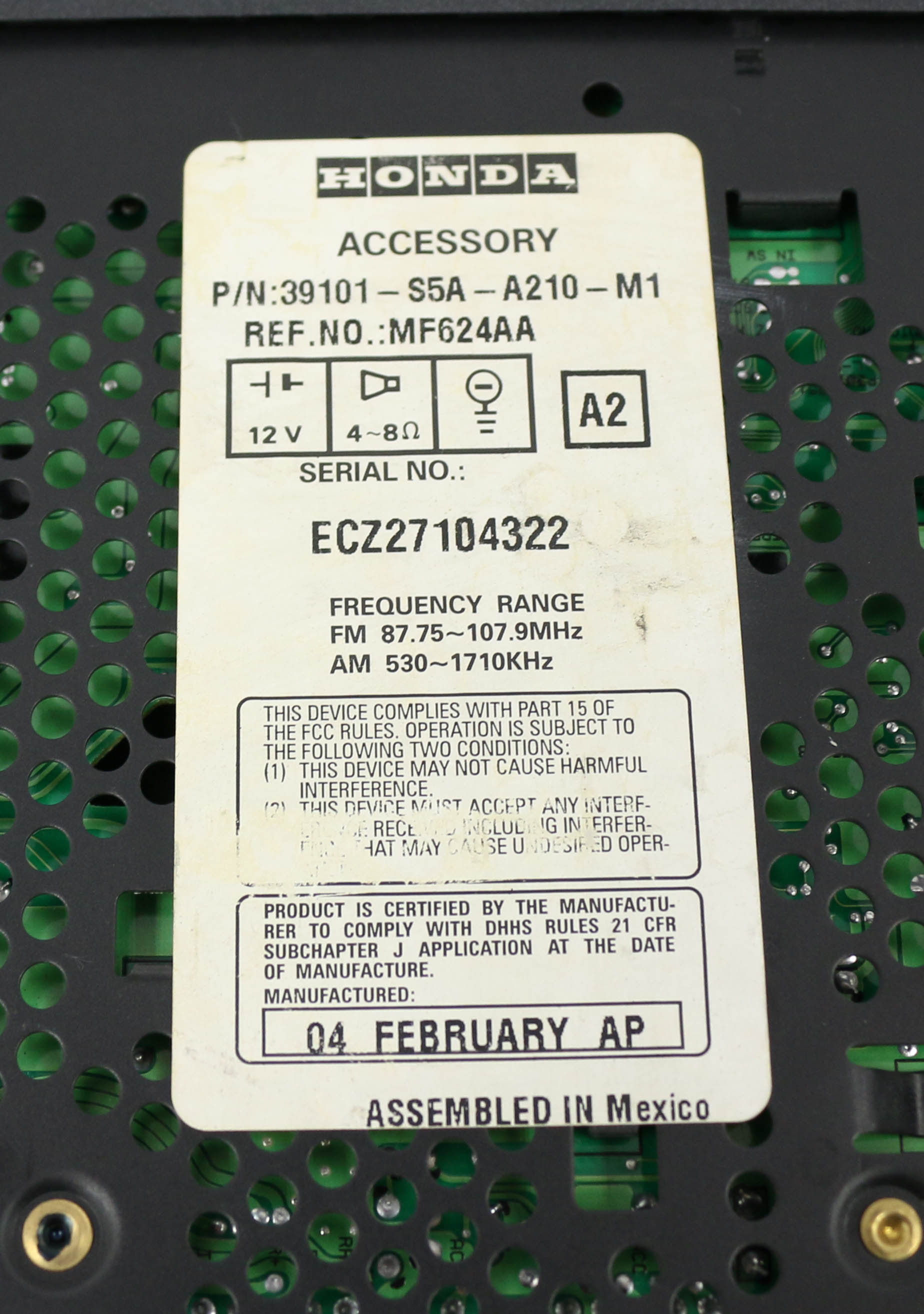 Restored 2004-2005 Honda Civic Radio AM FM Radio CD Code 39101-S5A-A210-M1 Face 2TCA (Refurbished)