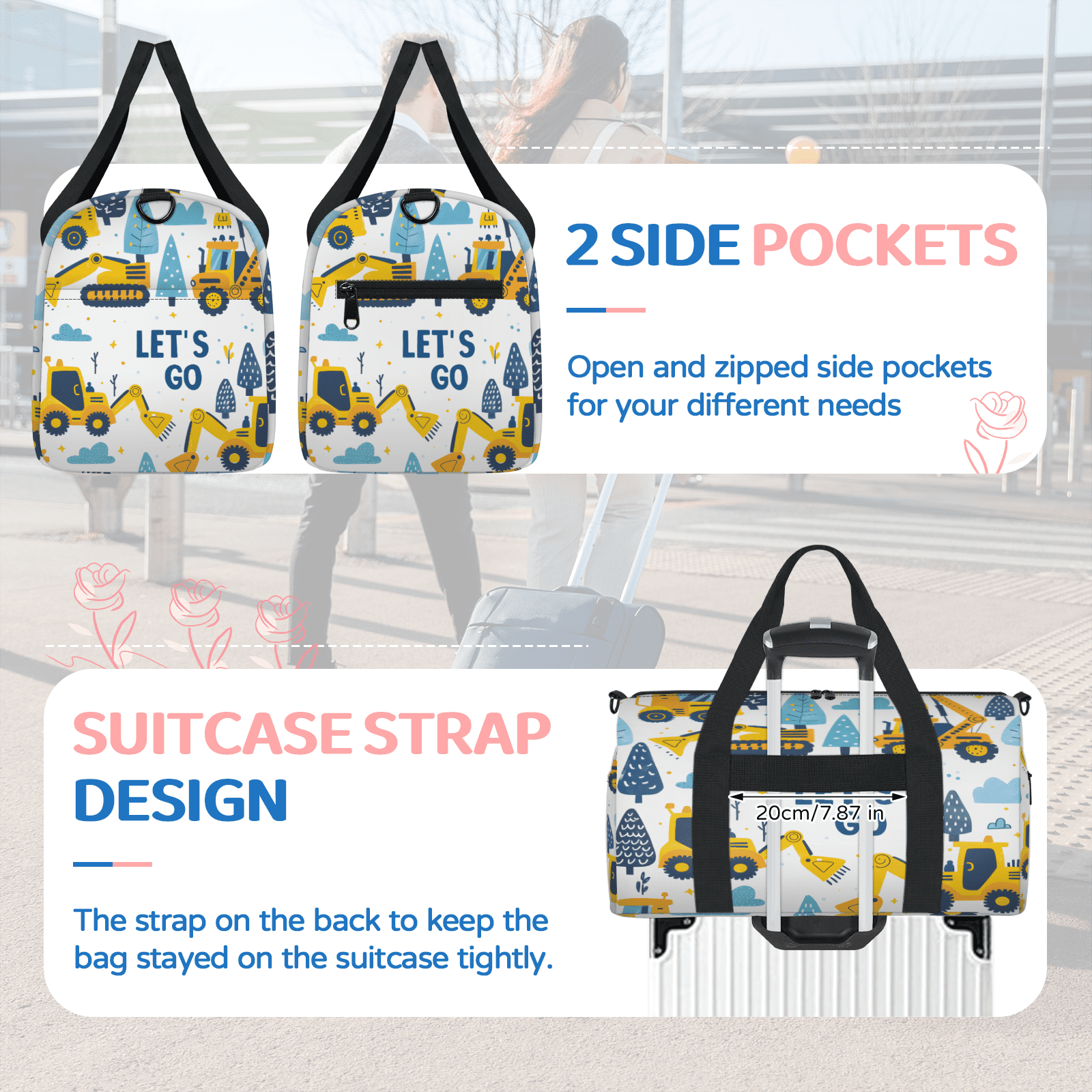 Herdesigns Construction Gym Bag for Women, Duffle Bag for Travel Sport, Excavator Vehicle Lightweight Waterproof Carry on Weekender Dance Yoga Workout Bags
