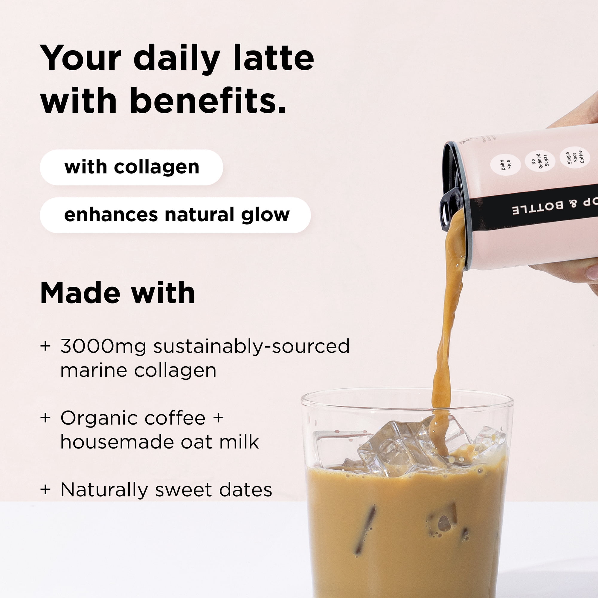(2 pack) Pop & Bottle Vanilla Oat Milk Latte + Collagen, Organic, Shelf-Stable/ Ambient, 8 fl oz