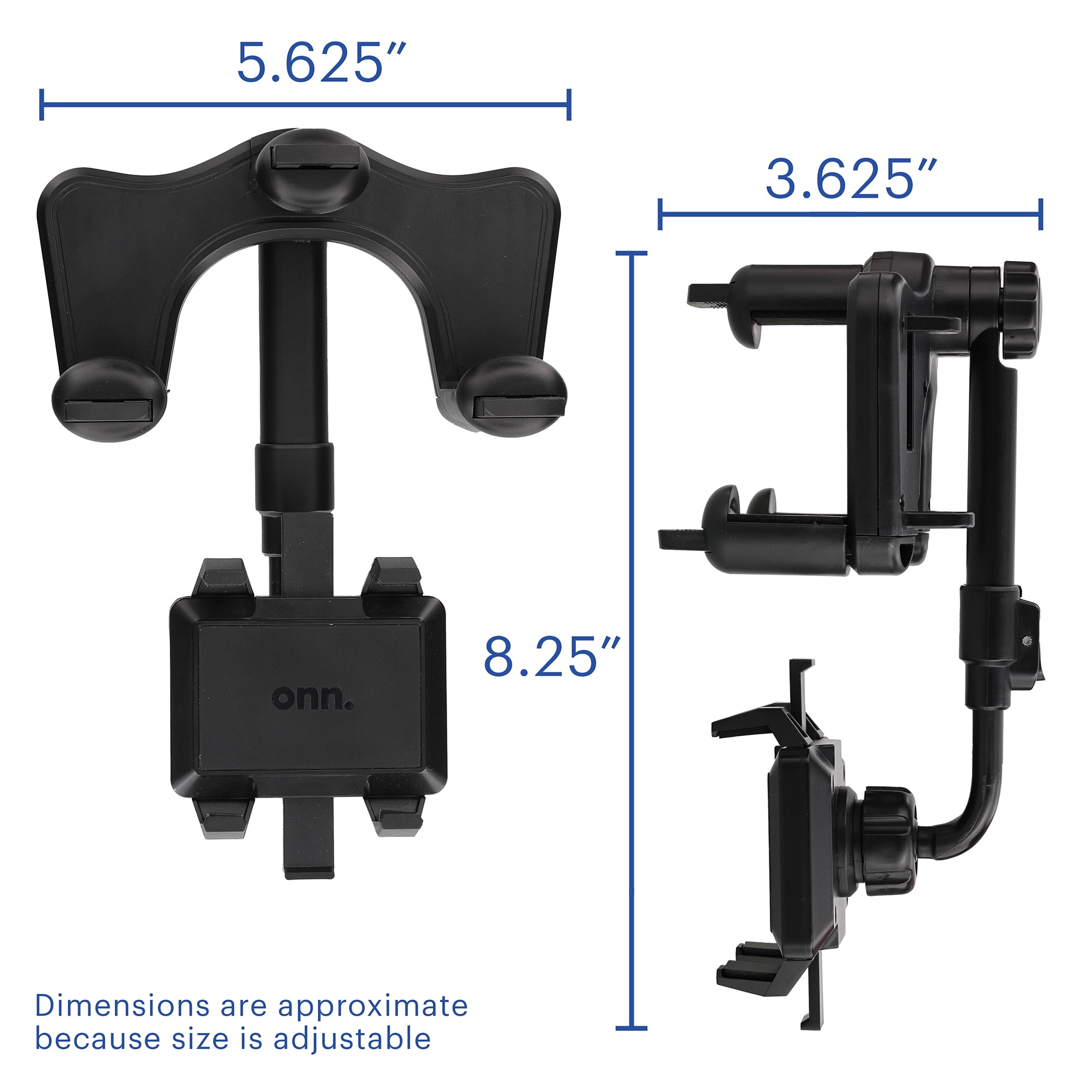 onn. 360 Degree Rearview Mirror Mobile Plastic Black Phone Mount, Universal Multifunctional Design
