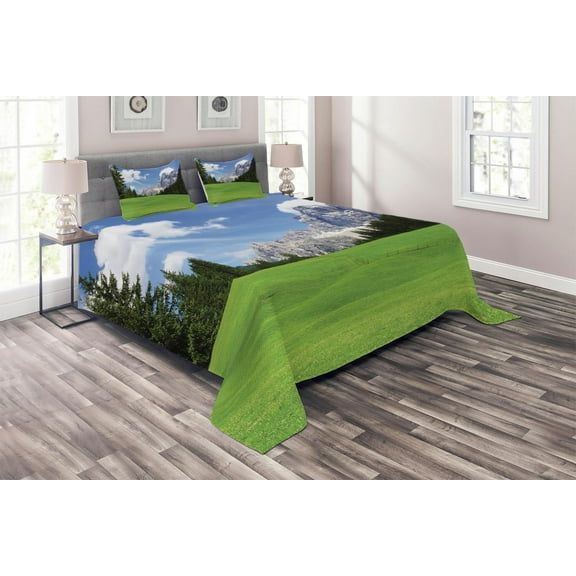 Ambesonne Italy Quilted Coverlet 3 Pcs, Rural Country Mountain, Queen Size, Evergreen Blue