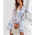 thumbnail image 2 of Vestido estampado con cuello en V para mujer Vestido de cintura alta con vuelo y mangas largas Vestido con cintura elástica Blanco M, 2 of 7