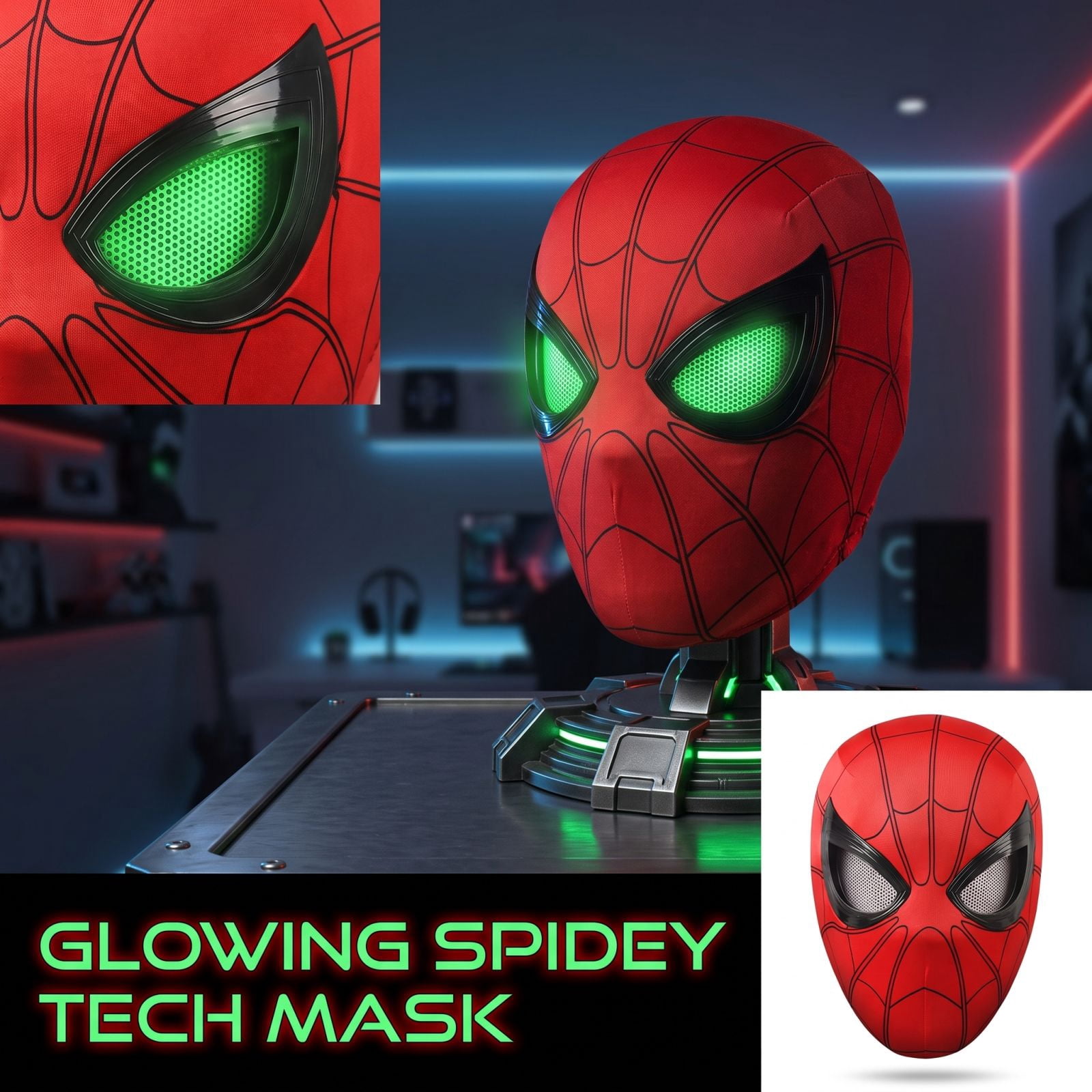 Red Fluorescent Blinking Mask, Glowing Superhero Headgear with Realistic Eye Movement for Fun Costume Play