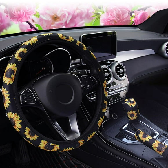 Steering Wheel and Gearshift Covers with Bright Sunflower Print for Cars