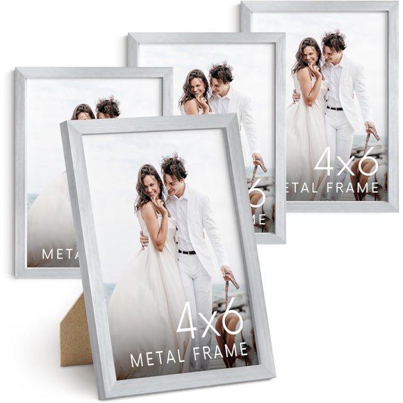 HAUS AND HUES Cadres Photo en Métal Argenté 4x6 - Cadres Photo 4x6 - en Aluminium Premium, Suspension Verticale, Dos Chevalet pour Table, Maison, Bureau (4x6 Po, Argent, Ensemble de 4)