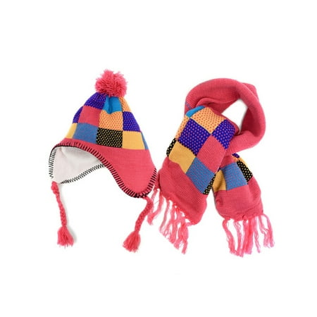 Patchwork Scarf - Kids Boys Girls Patchwork Knitted Pom Trapper Hat and Scarf Set