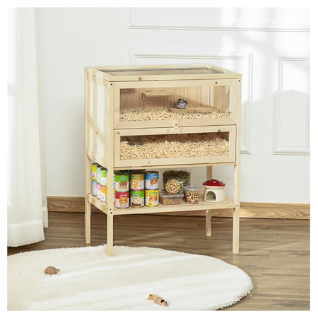 3-Tier Wooden Hamster Cage Mice & Rat Hutch Small Animal Home - Natural Wood Openable Top & Front Door Shelf