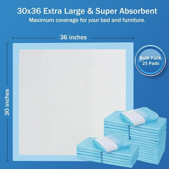 Heavy Duty Bed Pads with Adhesive Strips 30x36, Disposable Incontinence Underpads for Elderly Adults, 25 Pads