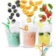 thumbnail image 1 of 100 bolsas de bebidas con 100 agujeros para pajita, bolsas de jugo congelables, bolsas de plástico con cierre transparente para bebidas frías y calientes para adultos y niños, 1 of 9
