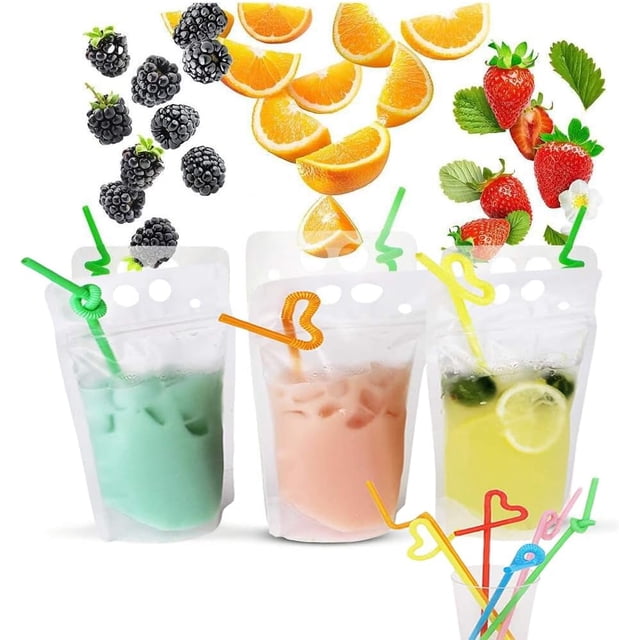 100 bolsas de bebidas con 100 agujeros para pajita, bolsas de jugo congelables, bolsas de plástico con cierre transparente para bebidas frías y calientes para adultos y niños