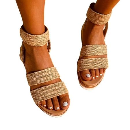 

High Plateau Sandals for Women Summer Beach Thick Sole Weave Sandal with Strip Pattern Khaki 36