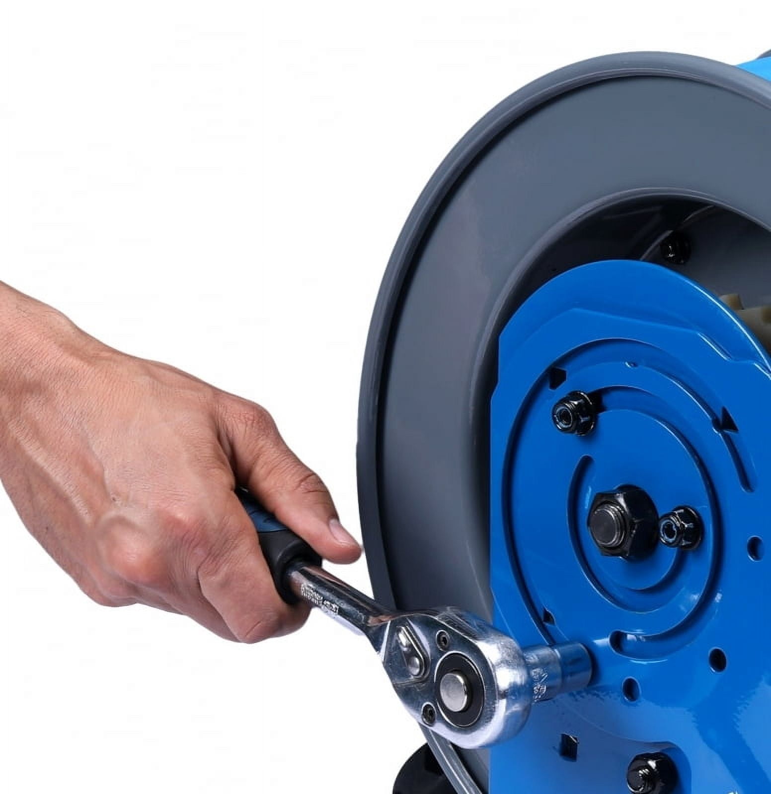 BluBird BluShield All-in-One Rubber Air Hose Reel 3/8" X 50(Dual Arm ) with 6' Lead-in-Hose. Includes FreeStyle, Sshhh Tek, and Safety Rewind Features.