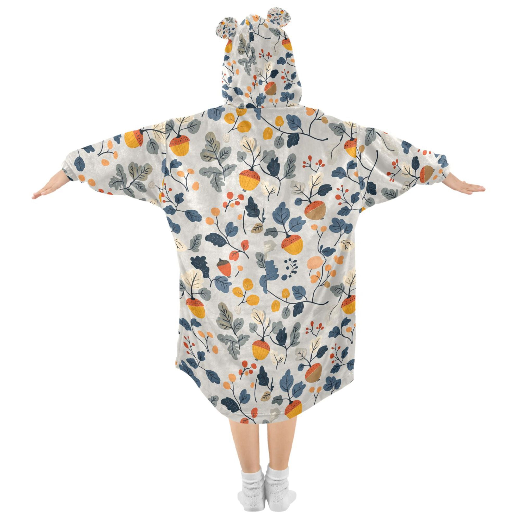 FORMRS Wearable Blanket Hoodie with Sleeves for Kids Cozy Flannel Sweatshirt, Acorn Leaves Pattern