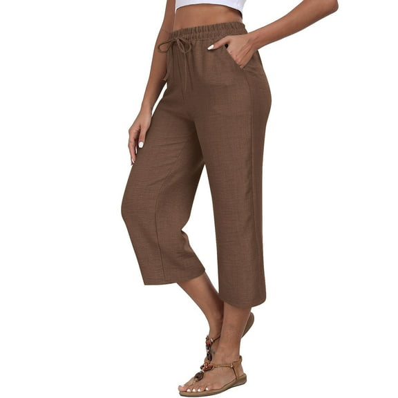 Yuanlook Women's Linen Crop Pants Capris Wide Leg Pant Casual Cropped Trousers with Pockets - Coffee - XL