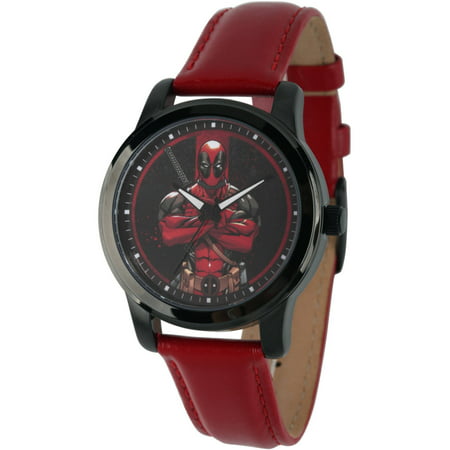 Marvel's Deadpool Men's Black Alloy Watch, Red Leather Strap