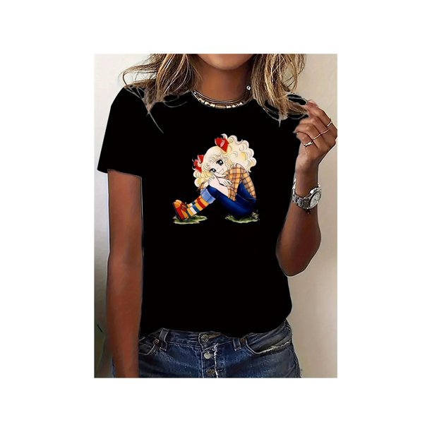 Women's Cute Cartoon Character Print T-Shirt – Casual, Sporty,All-Season Comfort, Black with Blonde Graphic Top Womenswear summer outfits