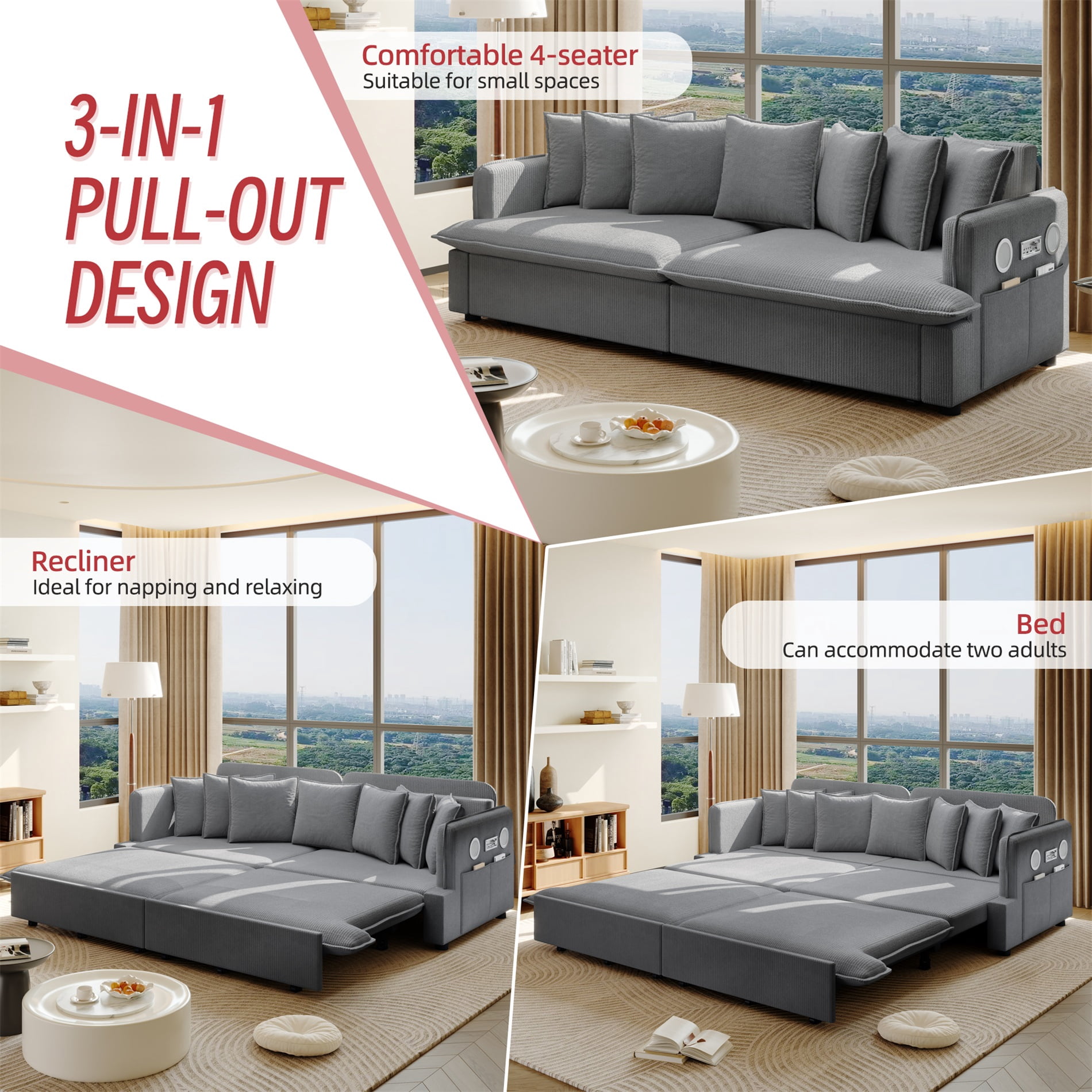 Alvantor 3 in 1 Convertible Sleeper Sofa Bed, 82" W Pull Out Sofa Bed with Bluetooth Speakers, USB Ports for living room, Apartment, Grey