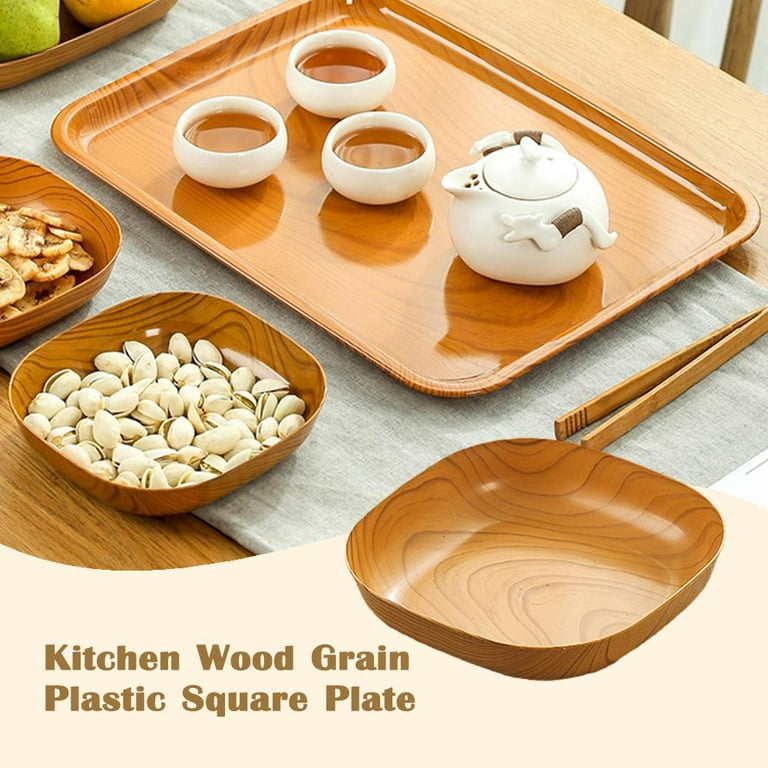 Square Plastic Dinner Plate Tray,Wood Grain Square Dish,Square