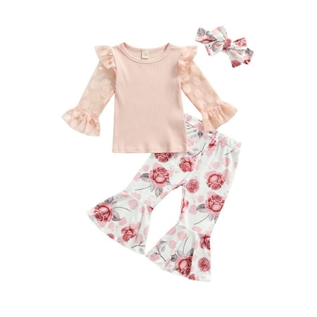

Frobukio Kids Baby Girls Clothes Sets Knitted Mesh Tops Sweaters Floral Flare Pants Autumn Spring Outfits Pink 18-24 Months