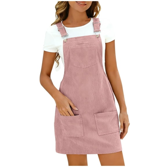 Qiopertar Corduroy Overall Dress for Women Adjustable Straps Multi-Pocket Jumper Casual Fall Winter Vintage Pinafore Dress, Pink L