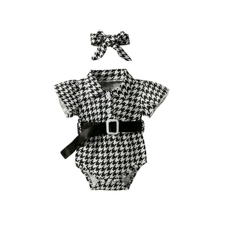 

Calsunbaby Summer Infant Baby Girl Jumpsuit Set Floral Water Drop Houndstooth Print Casual Fly-sleeve Rompers with Belt and Headband