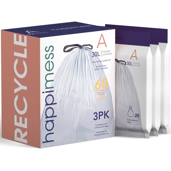 happimess 8-Gallon (30L) Drawstring Unscented Trash Can Liner, Clear (60-Count, 3-Packs of 20 Liners), HPM3000A-CLEAR