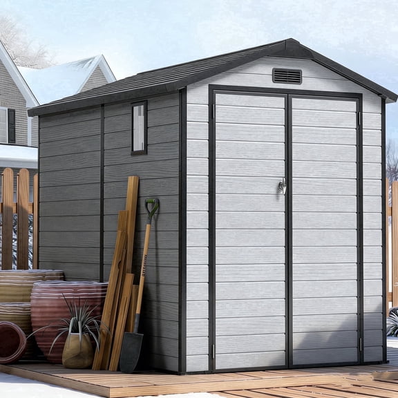 WUKHG 6x8FT Resin Garden Shed with Floor, Weather-Resistant Waterproof UV-Proof Outdoor Storage Shed for Tools, Bikes & Equipment