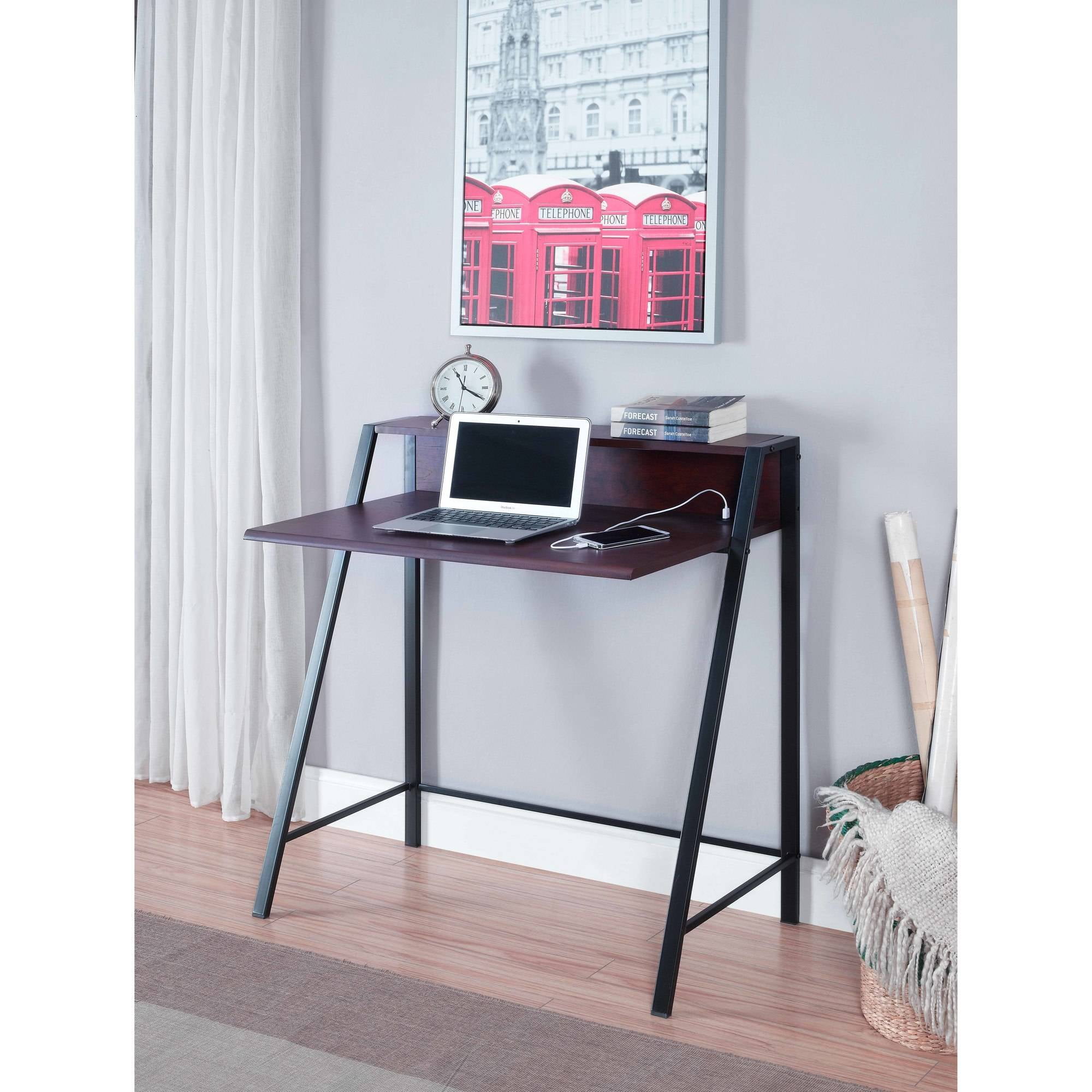 Mainstays Mid Century Writing Desk With Usb Charging Espresso