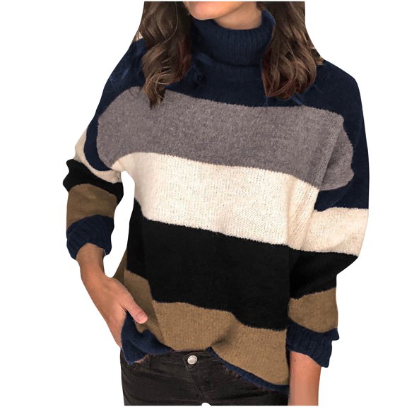 Lilgiuy Women Casual Stripe Patchwork Long Sleeve Thick Knit Pullover Turtleneck Sweater Coat Navy Winter Fashion 2022