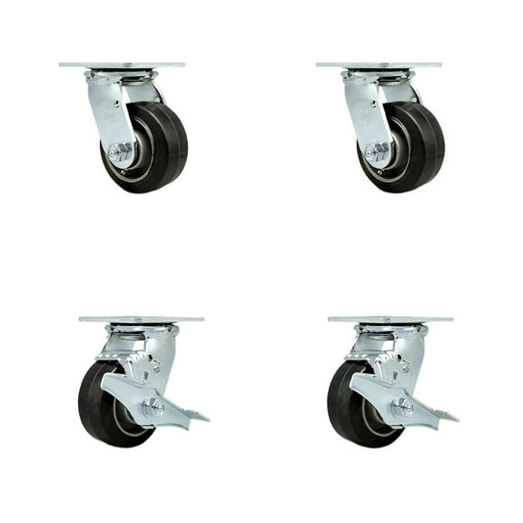 4 Inch Rubber on Aluminum Swivel Caster Set with Ball Bearing 2 Brake SCC