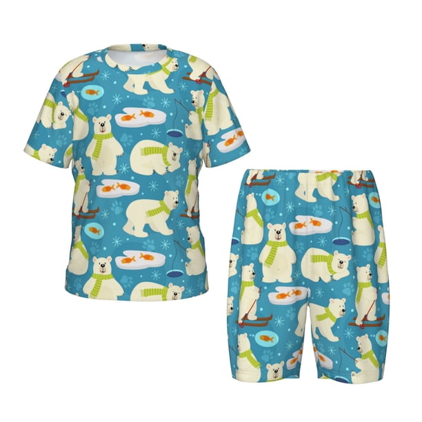 Balery Cute Polar Bear Fishing Conjunto de Pijama Infantil de Manga Corta con Estampado – Ropa de Dormir de Algodón Suave-Large
