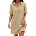 thumbnail image 3 of VBVC Women's Cotton Linen Collared Shirt Dress , Summer Casual Short Sleeve Dress For Women , Ladies' Loose Fit Button Down Dress with Pockets,Khaki,S-2XL, 3 of 7