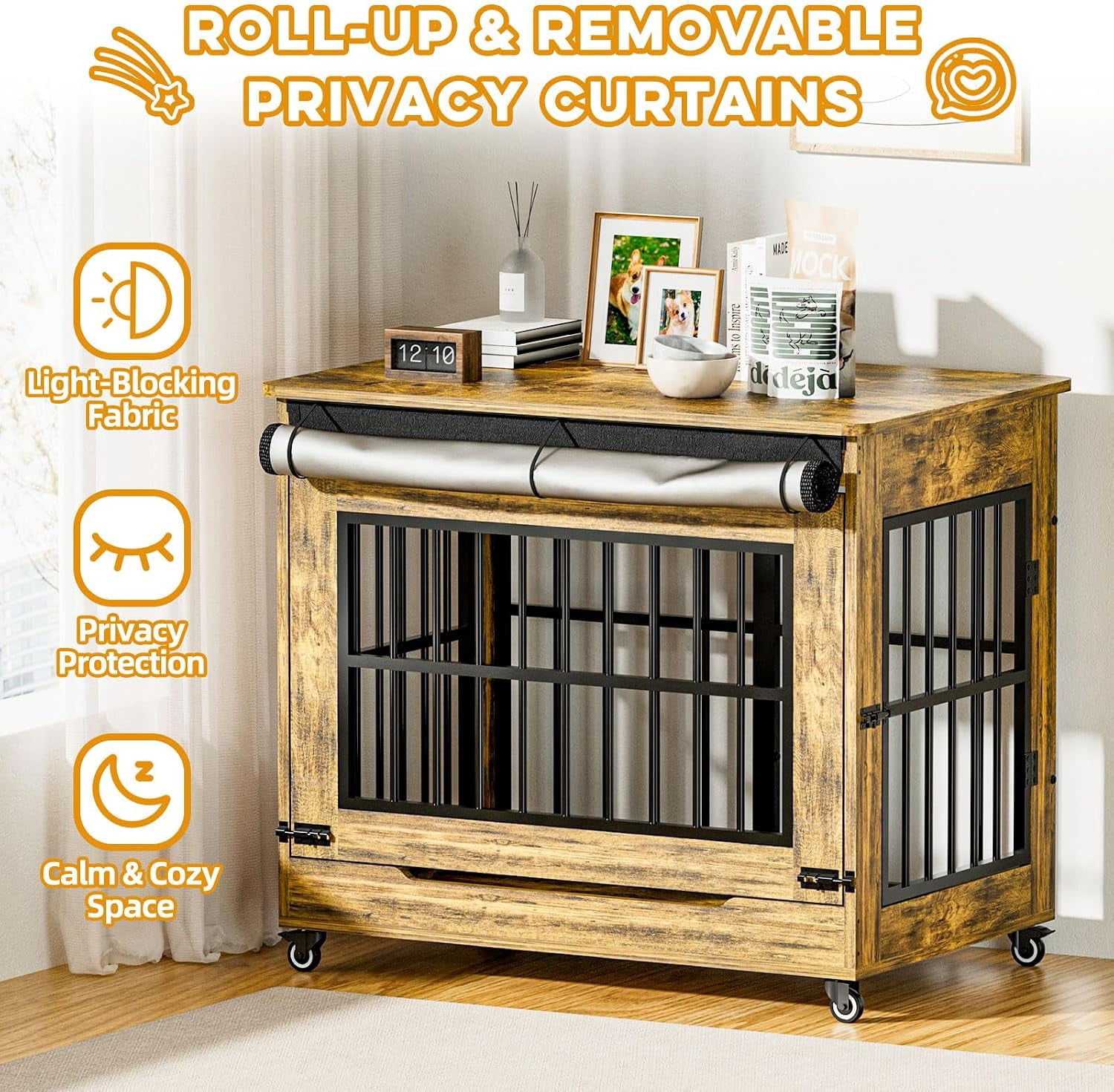 38" Wooden Dog Crate Furniture with Double Door, Lockable Wheels & Blackout Curtain – Decorative End Table Kennel for Large & Medium Breed Dogs, Rustic Brown