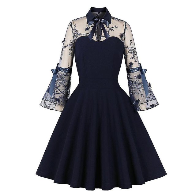 Vestido de fiesta de noche con bola Rockabilly vintage de manga larga de malla para mujer-e