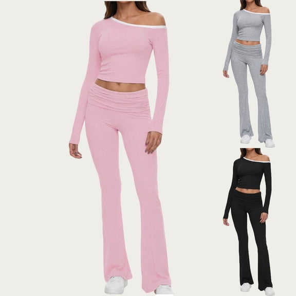 Miluxas Lounge Sets for Women 2 Piece Outfits Crop Tops with Fold Over Flare Leggings Spring Loungewear Fitted Pajama Sets Pink XL(XL)