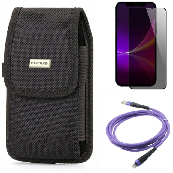 Privacy Screen Protector & 10ft USB Cable & Case Belt Clip for iPhone 13 Pro Max ONLY - Tempered Glass Curved Anti-Spy   Purple Charger Cord Power   Swivel Holster Rugged Combo