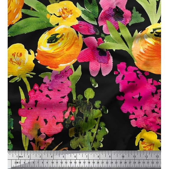 Soimoi Black Modal Satin Fabric Leaves & Floral Print Fabric by Yard 42 Inch Wide