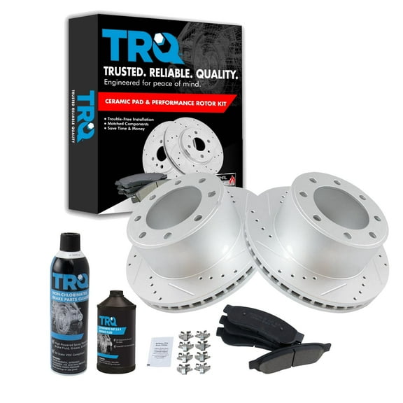 TRQ Rear Ceramic Brake Pad Performance Drilled Slotted Rotor Kit w/Chemicals BKA16728