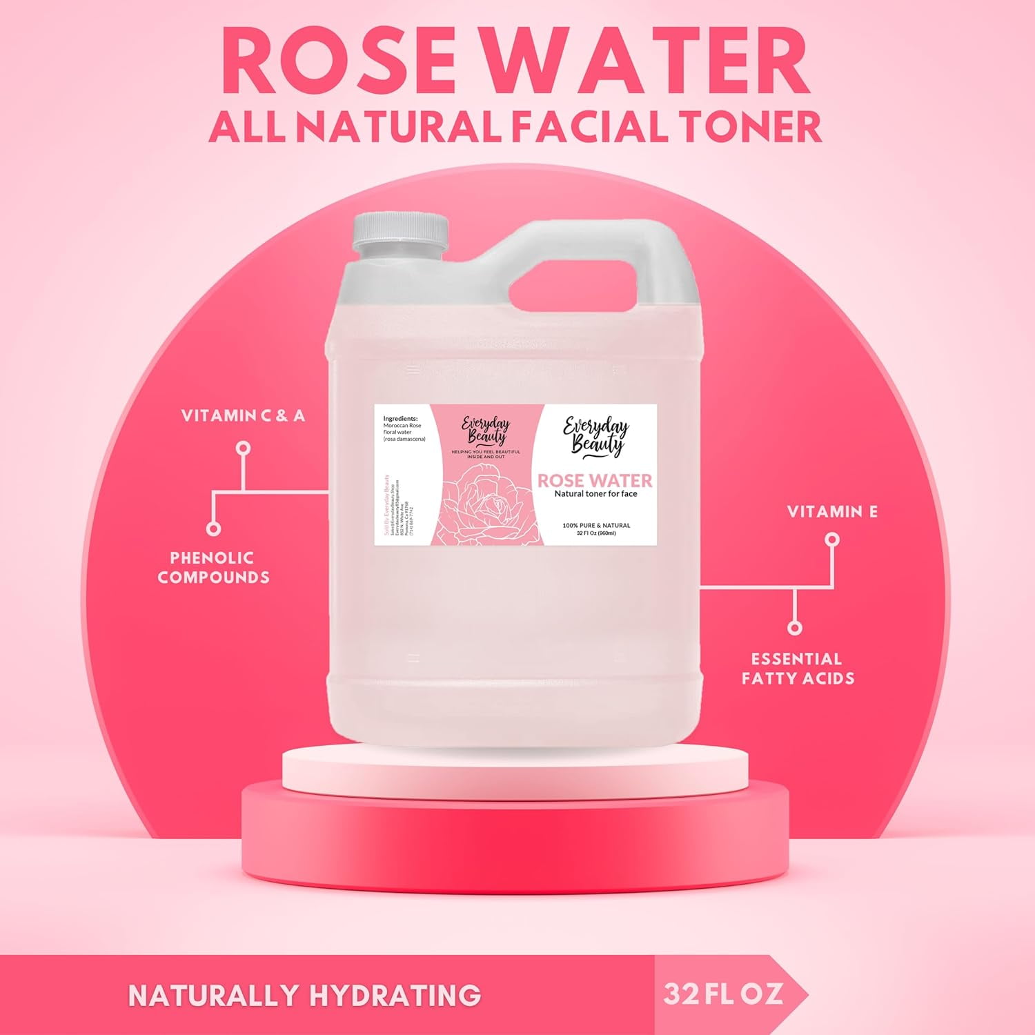 Rose Water Facial Toner - Alcohol-Free Vegan All Natural Refreshing for Face and Hair - Uplifts, Calming & Soothing for All Skin Types - 32oz