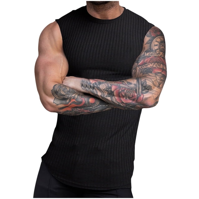 pstuiky Camisetas sin mangas para hombre, Camiseta deportiva de verano de punto con rayas verticales y cuello redondo para hombre Camisas de hombre xxxl