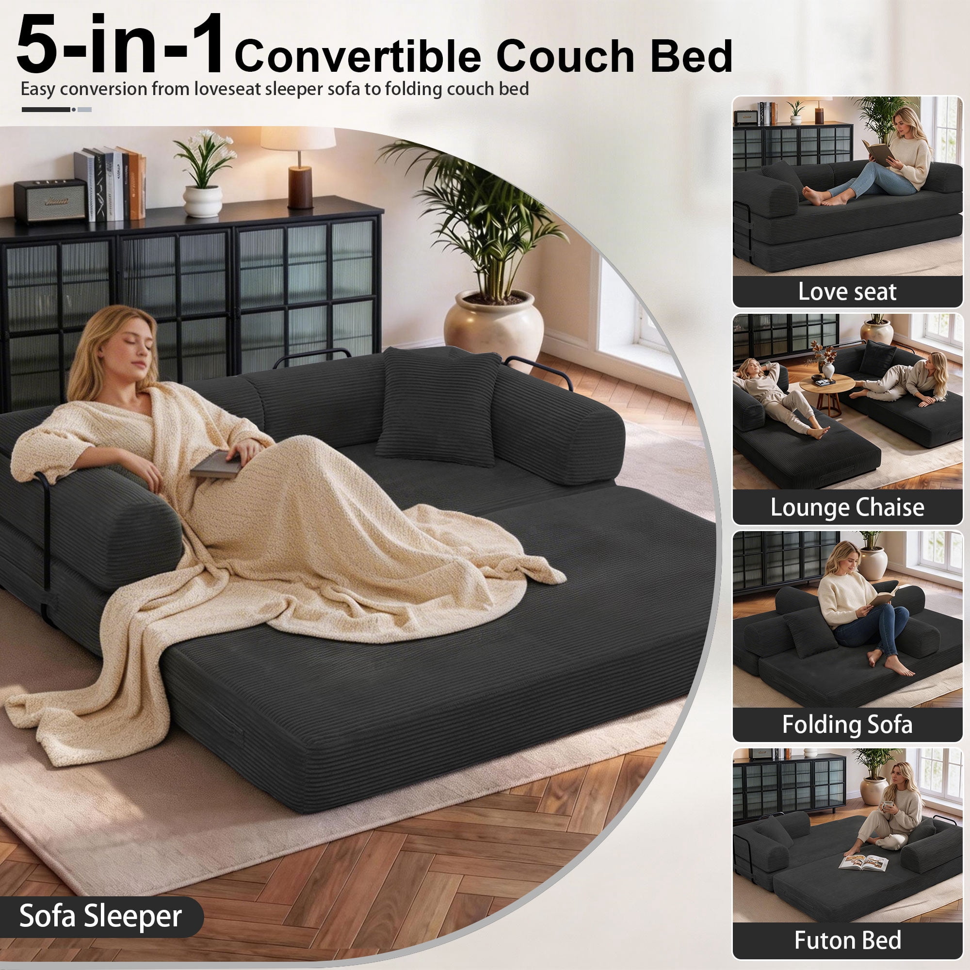 Convertible Floor Sofa Bed, Holaki 63" Foldable Compression Loveseat Lounge Sleeper Sofa with Pillow & Fixed-Shape Frame, Corduroy Folding Boneless Sofa Couch for Living Room, Small Space, Black