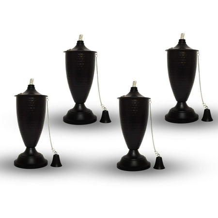 Set of 4, Elegant Premium Metal Tabletop Torches for Outside, Tall- Tiki Style /w Snuffer, Fiberglass Wick & Large 35ozOil Lamp for Deck, Outdoor (Large Hammered Black)