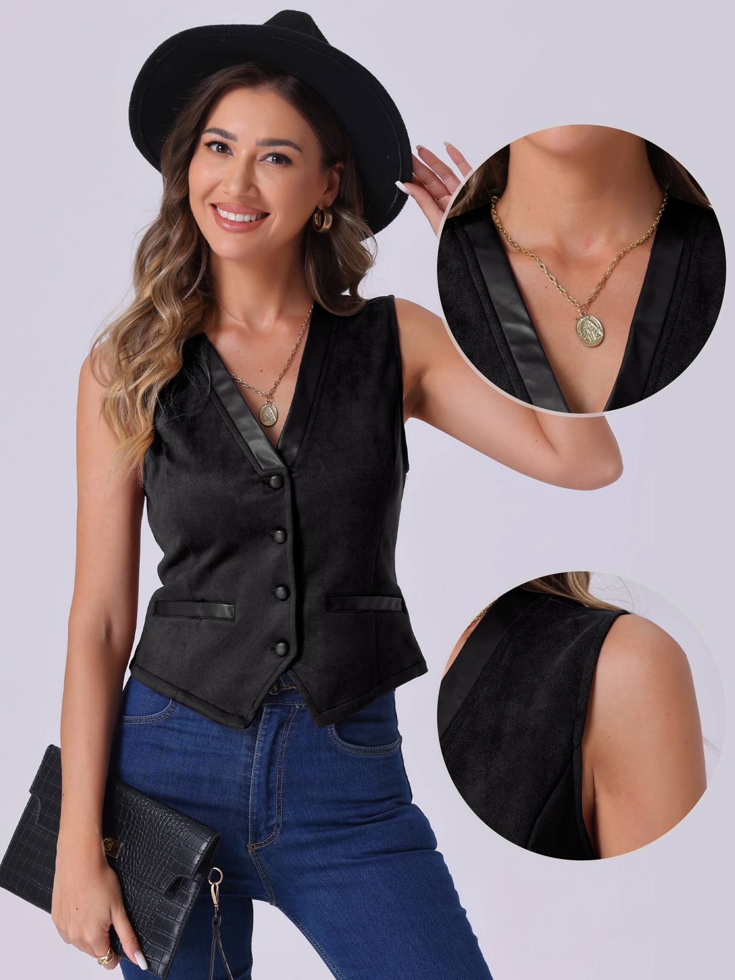 DARING DIVA Women's Vintage V Neck Faux Suede Button Down Sleeveless Jacket Vest XS Black