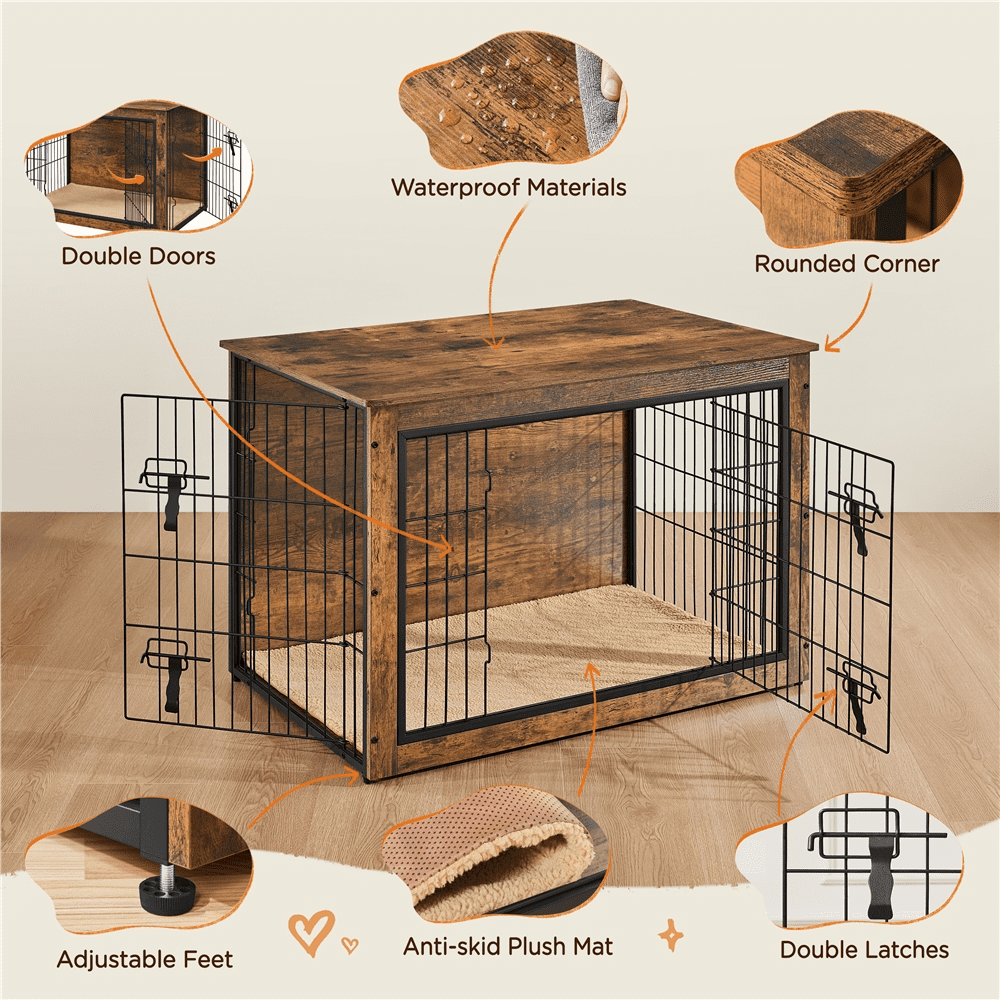 Yaheetech 37.8" W Industrial Dog Crate Furniture with Anti Skid Plush Mat, Rustic Brown